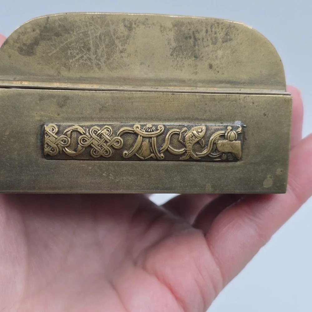 Antique Chinese Brass Jewelry Trinket Box Hinged Vtg Unique